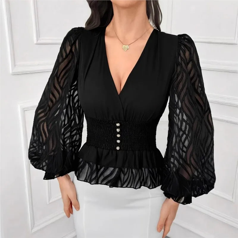 Elegante schwarze Damenbluse mit tiefem V-Ausschnitt & Laternenärmeln